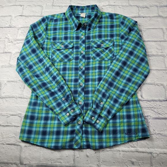 Marmot Blue Plaid Flannel Fitted Shirt size Medium - Picture 2 of 14